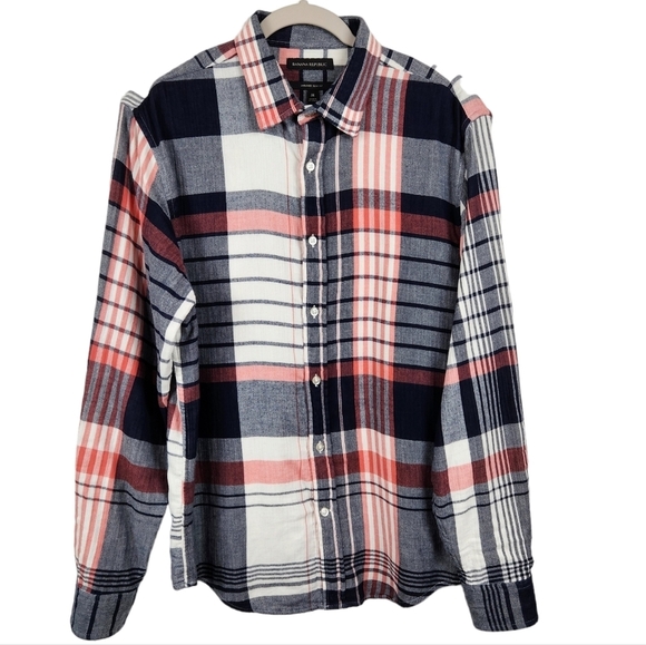 Banana Republic Untucked Slim Fit Plaid Double Layer Button Down Shirt Medium - Picture 1 of 8